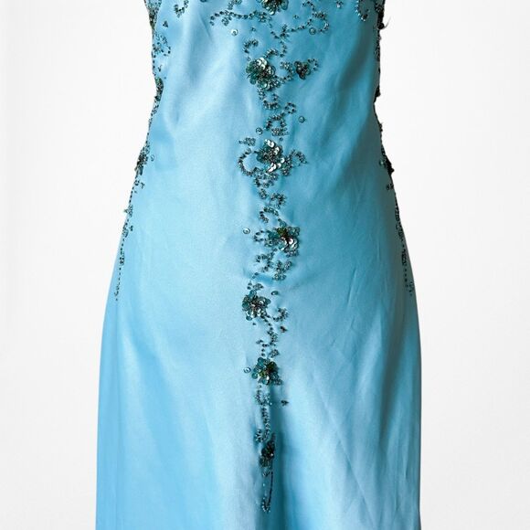 Vintage Y2K Pastel Blue Strapless Floral Beaded Satin Maxi Prom Dress Size S - Picture 9 of 14